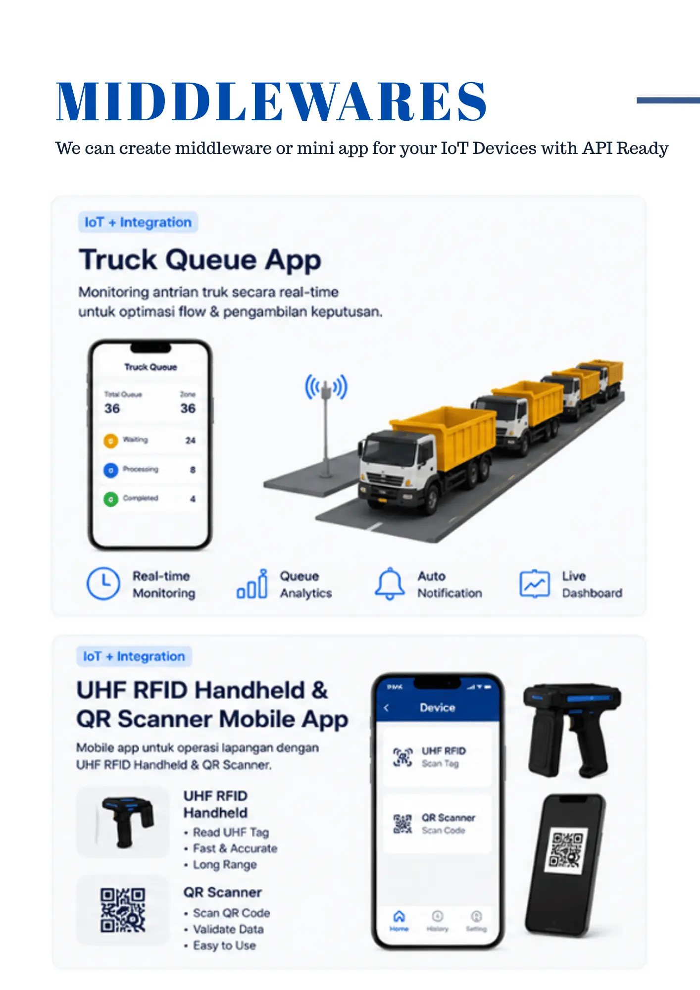 Middleware: aplikasi antrian truk (Truck Queue App) dan aplikasi mobile UHF RFID handheld & QR scanner untuk perangkat IoT tambang.