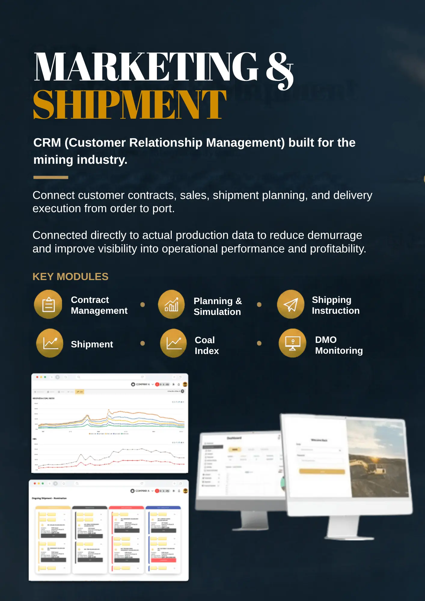 Marketing & Shipment: CRM untuk industri tambang, dengan dashboard coal index dan nominasi pengapalan.